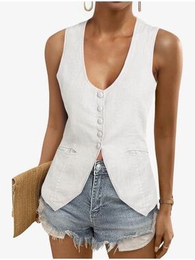Women's White Sleeveless V-Neck Button Front Tank Top
